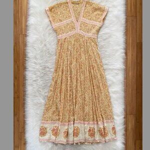 Matta NY Yellow Pink Floral Short Sleeve Kheera Maxi Dress Bohemian Resortwear